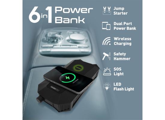 Promate HexaBolt-20  Jump Starter with 19200mAh Power Bank, Safety Hammer, LED Light, Smart Clamps and 10W Qi Wireless Charger